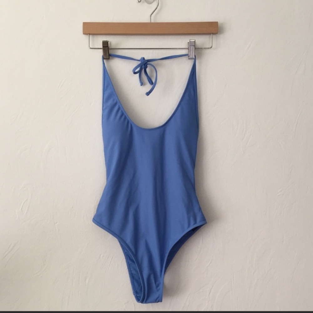 Periwinkle one piece with mesh detail.